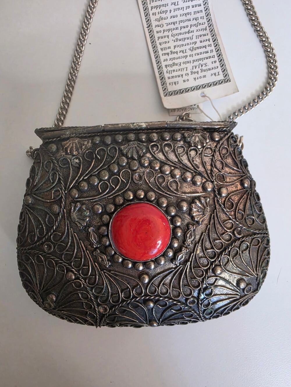 Vintage Sajai India Metal Agate Evening Bag Silver Filigree Chain Purse 70s